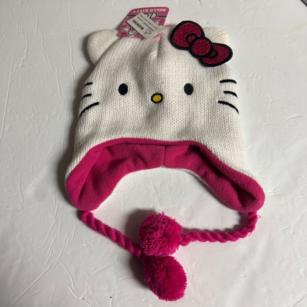 Hello‎ Kitty White Knit Beanie Hat with Pink Fleece Lining and Pom Poms Kids